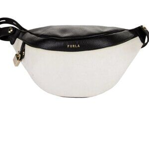 Furla Leather Black White Belt Crossbody Bag with Lock